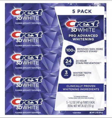 Crest 3D White Advanced Whitening Toothpaste, 5.2 oz, 5-count
