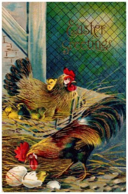 Vintage Victorian Postcard 1912 Easter Greetings - Hens & Chicks