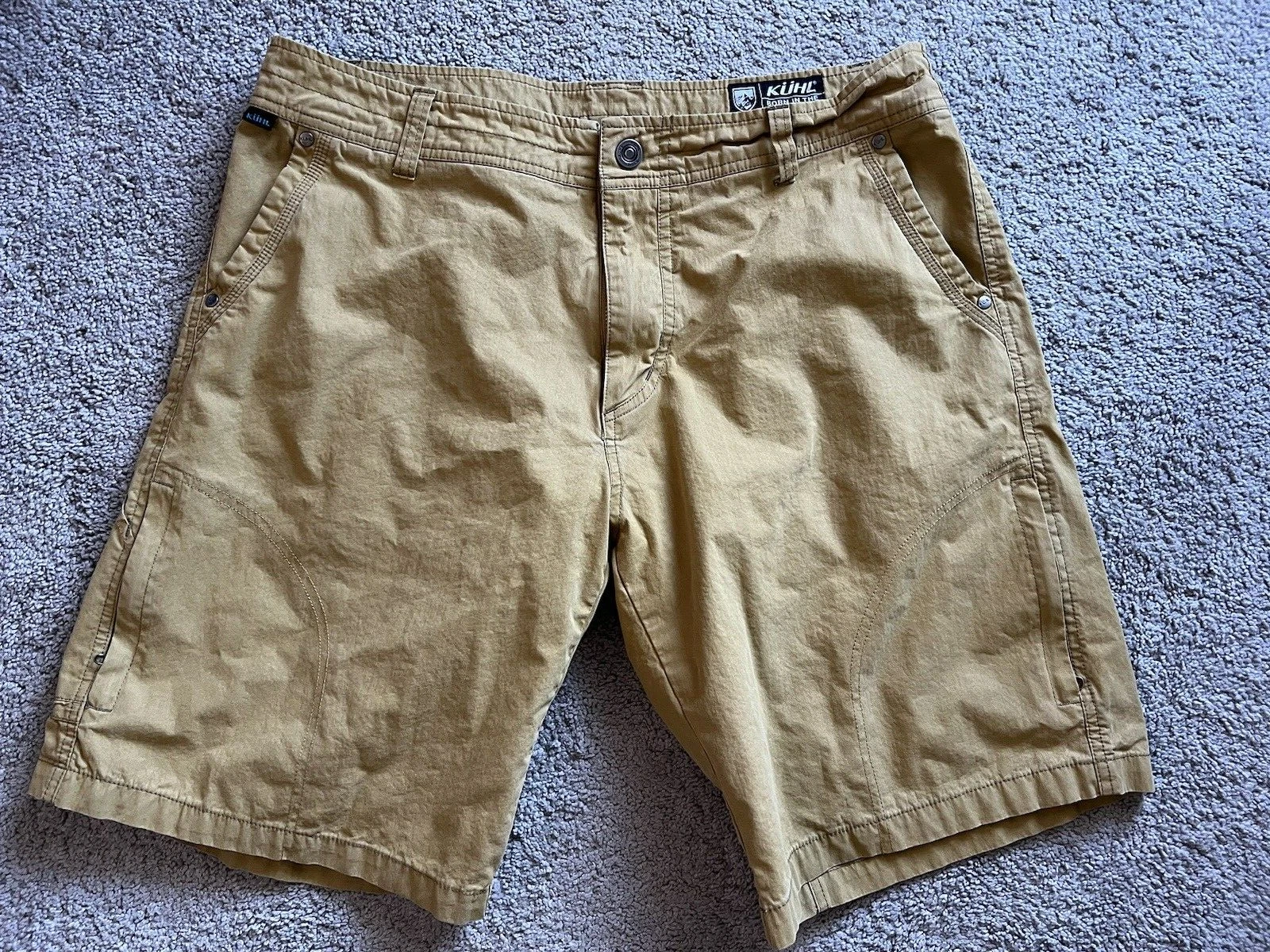 Kuhl Men's Shorts 36x10 Patina Dye Cargo Mustard Cotton SMALL FLAW