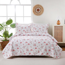 Pink Floral Quilt Set Queen Size,3 Pieces Botanical Plants Pattern Bedspread Cov