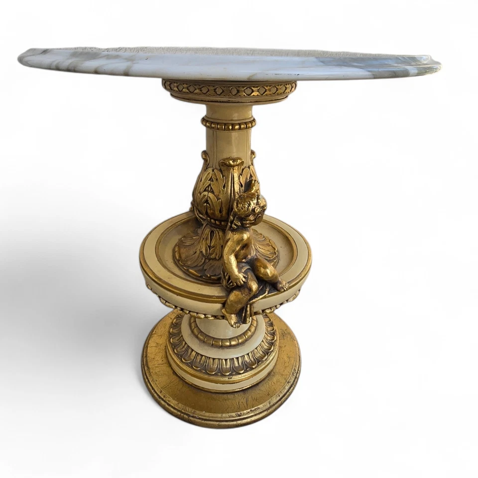 Vintage 1968 Fuggiti Studios Marble Top Cherub Table Hollywood Regency Gilt  - Image 3 of 4