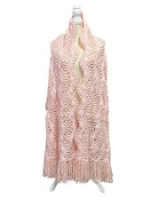 Vtg Shawl Wrap Hand-Crocheted Light Pink Fringe Granny CottageCore Boho
