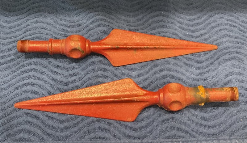 Pair Red Metal Arrow Lightning Rod Finials w/ Threaded Mounting Posts