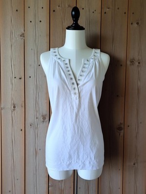 New York & Company Top M Medium White Embellished Grommet Stud V-Neck  Blouse