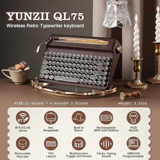 QL75 Wireless Typewriter Style Hot Swap Retro Mechanical Keyboard BT / 2.4gz - Image 3 of 4