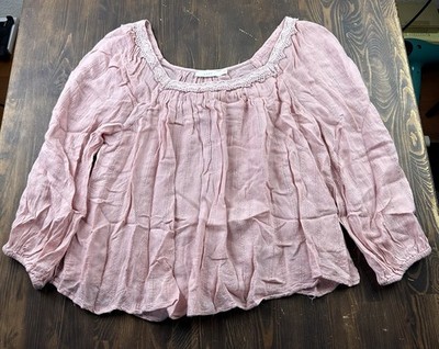 LUSH Blush Pink Long Sleeve Smocked Ruffle Scoop Neck Blouse Sz Medium M