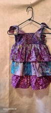Girls Size 6-7 Three Tiered Purple Skirt Green Blue Batic Print Shoulder Ties