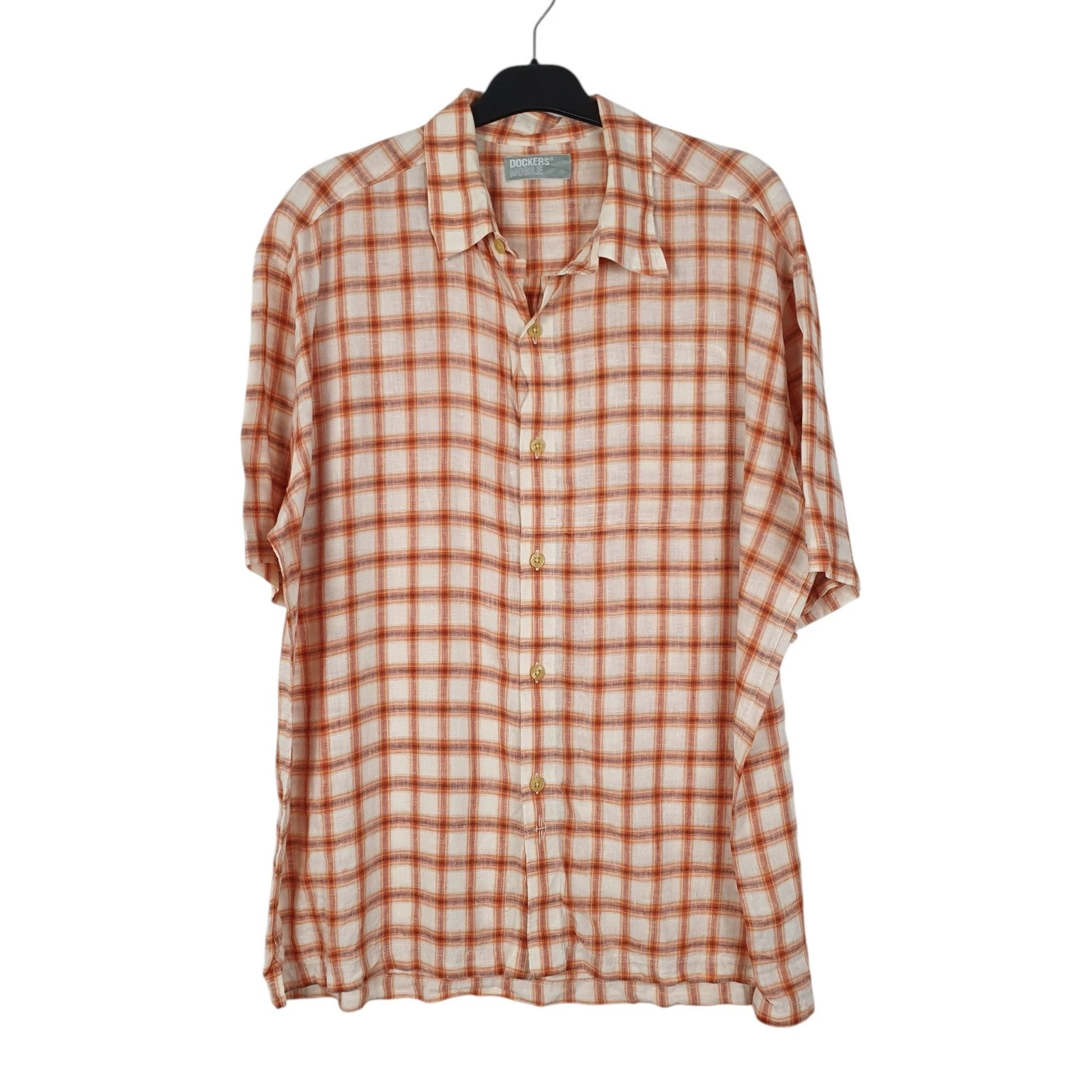 DOCKERS Orange Check Shirt Short Sleeve Casual Linen Mens L