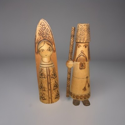 Vintage Hand-carved Wooden Folk Art Figures From The USSR Marked On Bottom