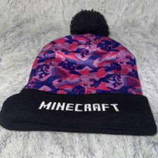 Minecraft Sheep Cuff Beanie PomPom Black Pink And Blue Hat
