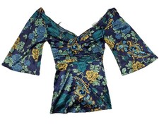 Guess Women's Small Boho Floral Mini Dress Bell Sleeve Satin Fit Flare Blue Gold