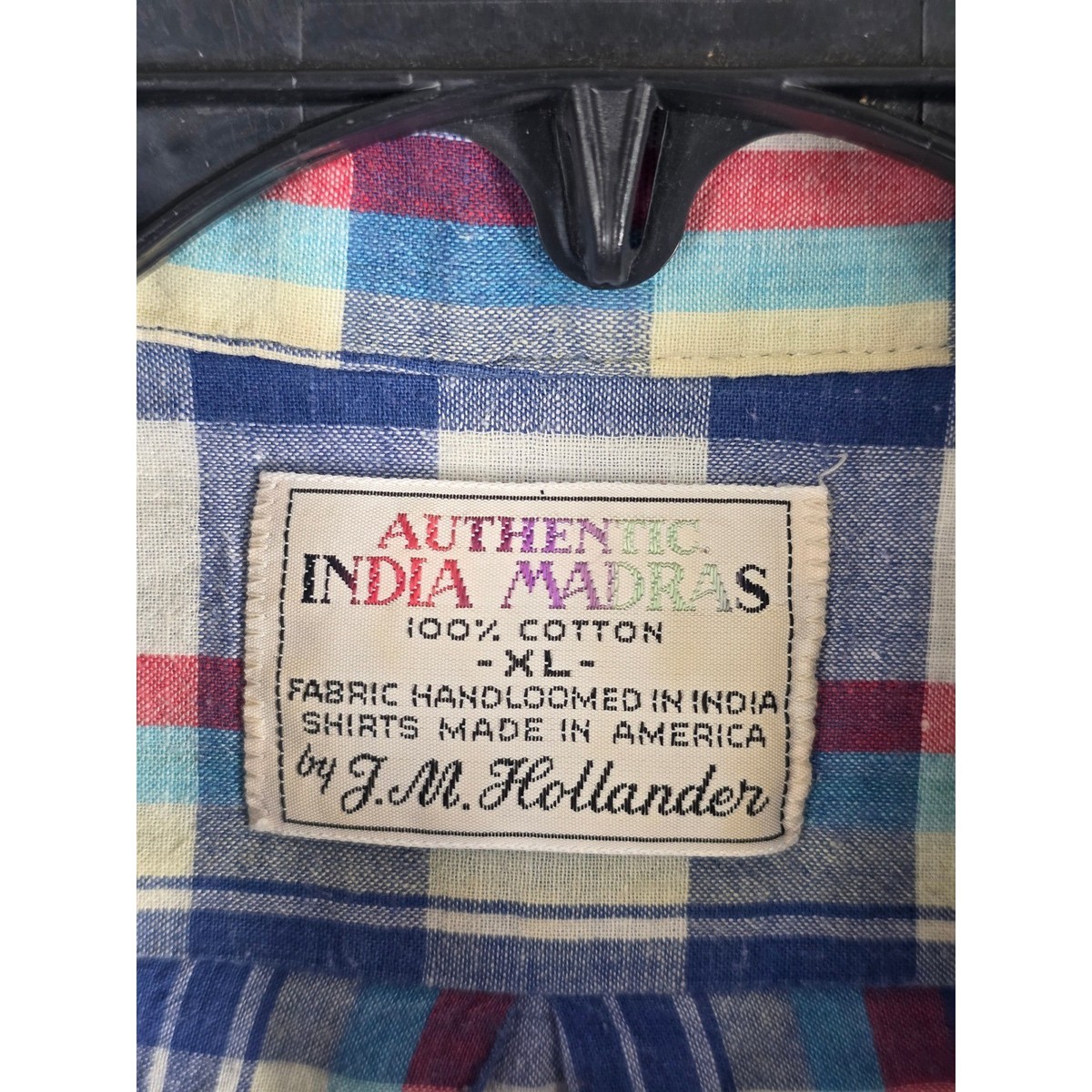 Vtg J.M. Hollander India Madras Plaid Shirt Mens XL Button Down Blue Red SS USA View 5