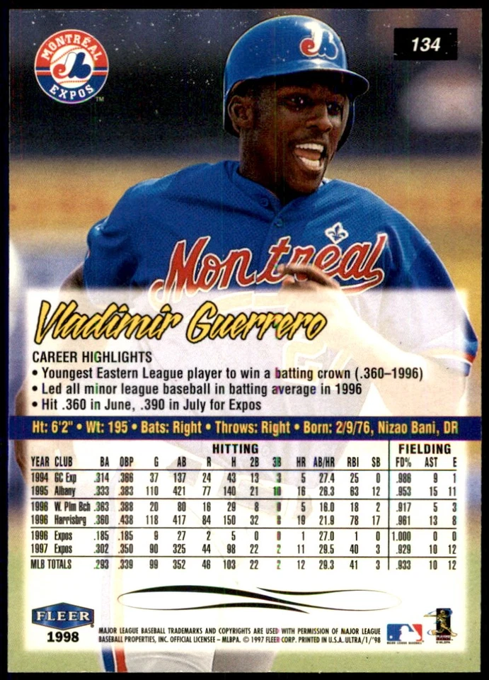 Vladimir Guerrero 1998 Ultra #134 Expos MLB READ FREE SHIPPING AutographDen - Image 2 of 2
