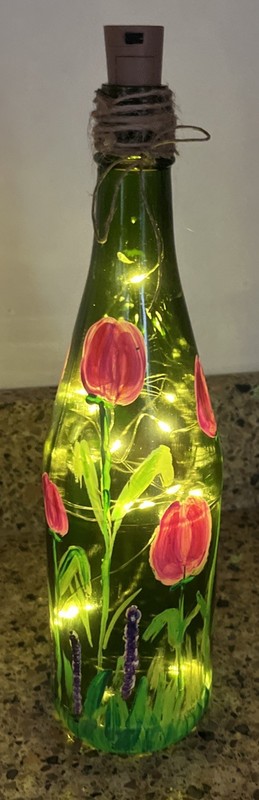 Light Up decorative Wine Bottle Hand Painted Pink Tulips New