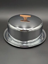 MCM Retro Chrome Metal Cake Carrier Container Keeper  Wood Handle 13" Tray