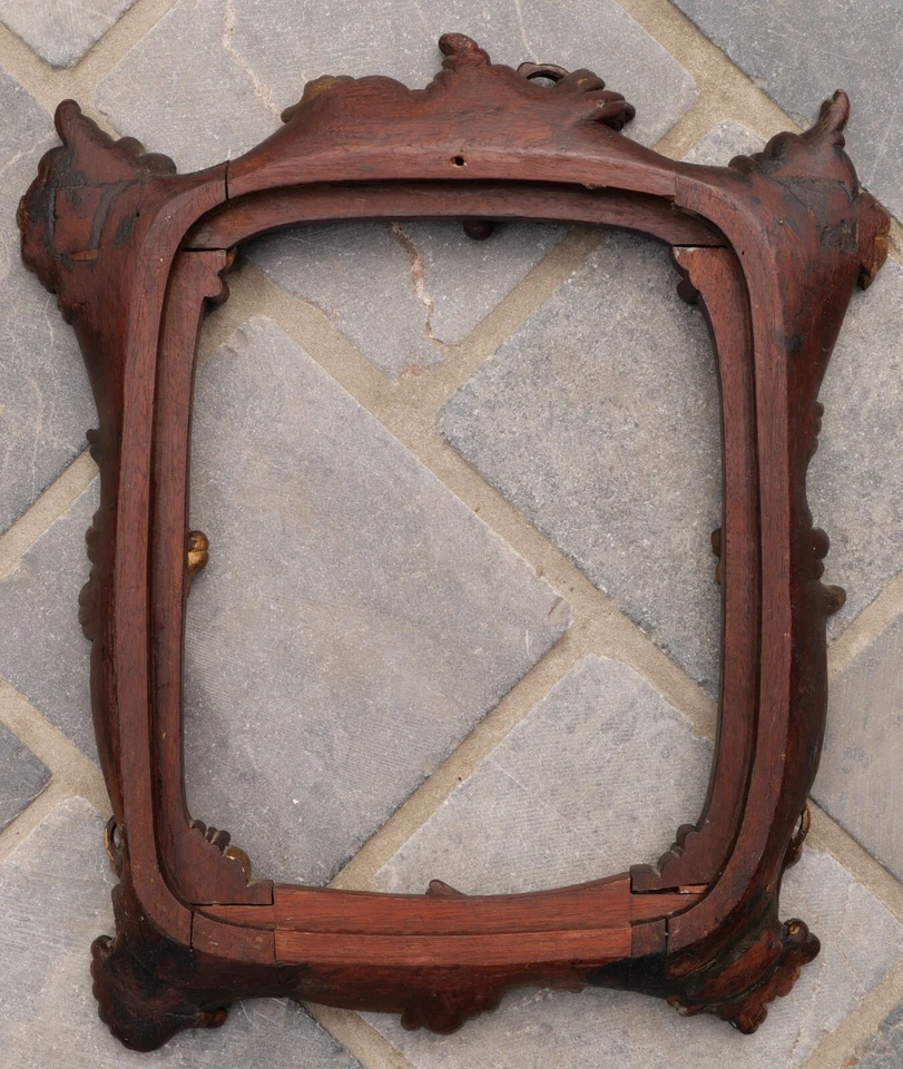 Cadre ancien acajou sculpté doré décor rocaille Louis XV époque Napoléon III - Photo 4/4