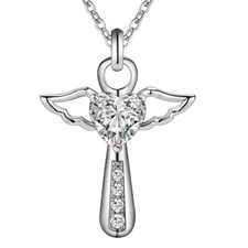 Elegant Angel Wings Heart Cross Pendant Necklace - Silver Tone Sparkling Design