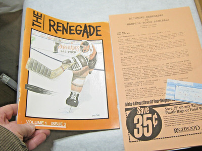 1991 Richmond Renegades vs Hampton Roads Admirals Hockey Program & Ticket