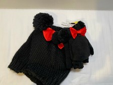 Disney Minnie Mouse Red Bow-Knit Cuff Pom Beanie Stretch Gloves-Youth Girl's