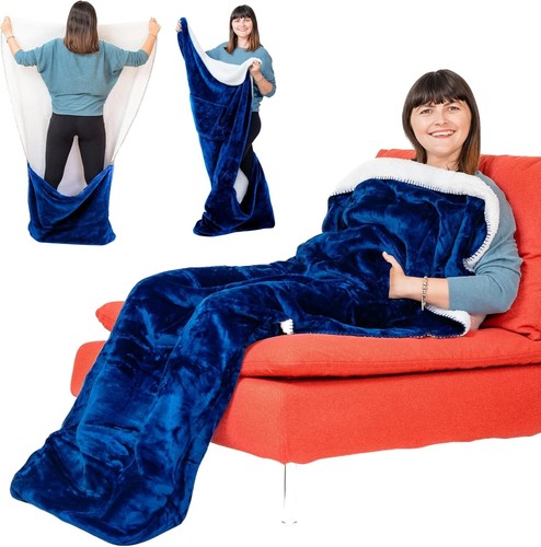 Double Layer Sherpa-Fleece Foot Pocket Blanket TV Throw Lounging Gift - Picture 3 of 10