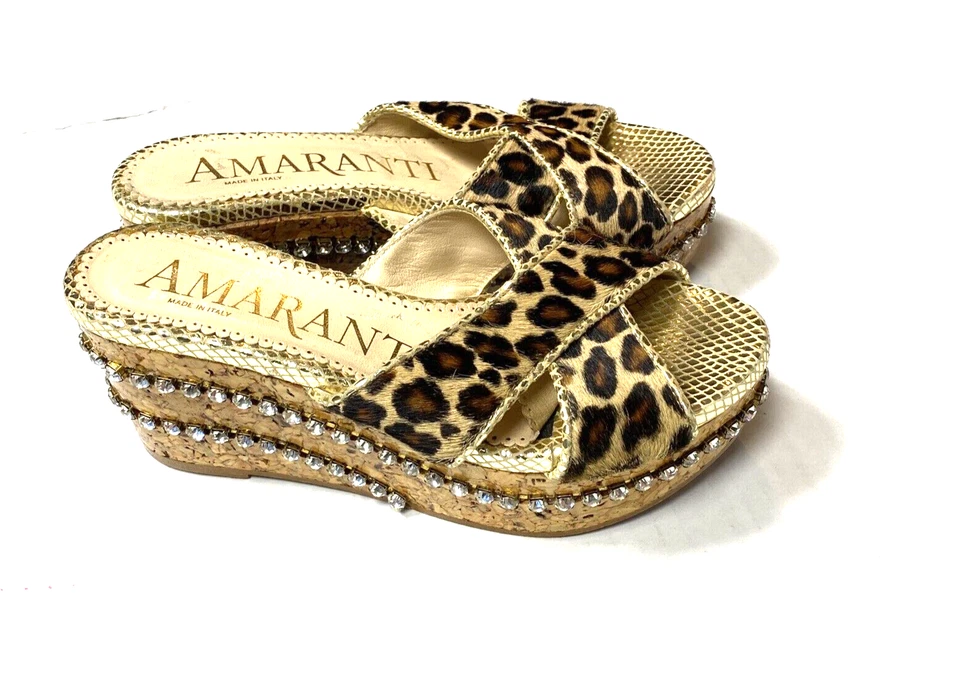 Sandalias Amaranti pelo becerro plataforma corcho diapositivas pedrería 36 6 leopardo Italia Foto 2 de 4