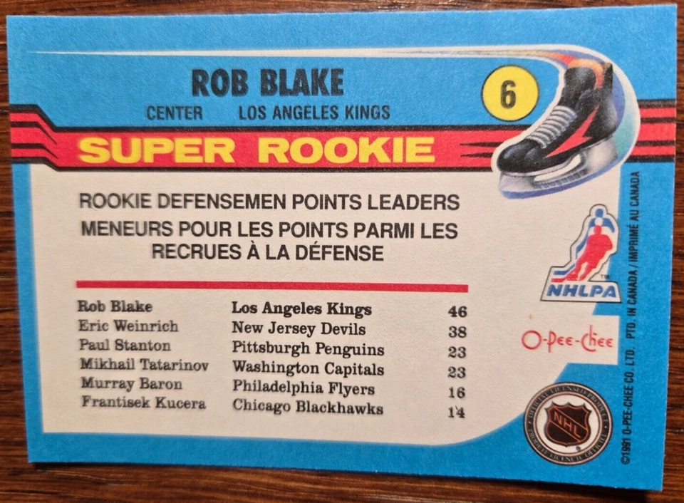 1991-92 O-Pee-Chee Rob Blake Super Rookie #6 Los Angeles Kings Mint HOF - Image 2 of 2