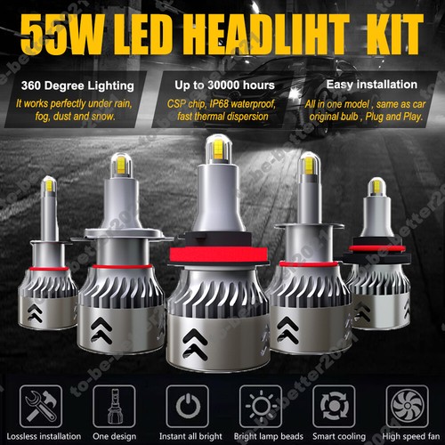 55W LED Headlight H1 H7 H8 H9 H11 9005 HB3 9006 HB4 6000K White 30000LM Bulb 12V