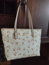 Coach City Zip Tote Canvas Leather W Red Yellow Pink Cherry Print Shoulder Bag