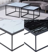 HOOZ 2er Set Couchtisch Marmoroptik Schwarz/Weiß Modern Loft Design Glas Metall