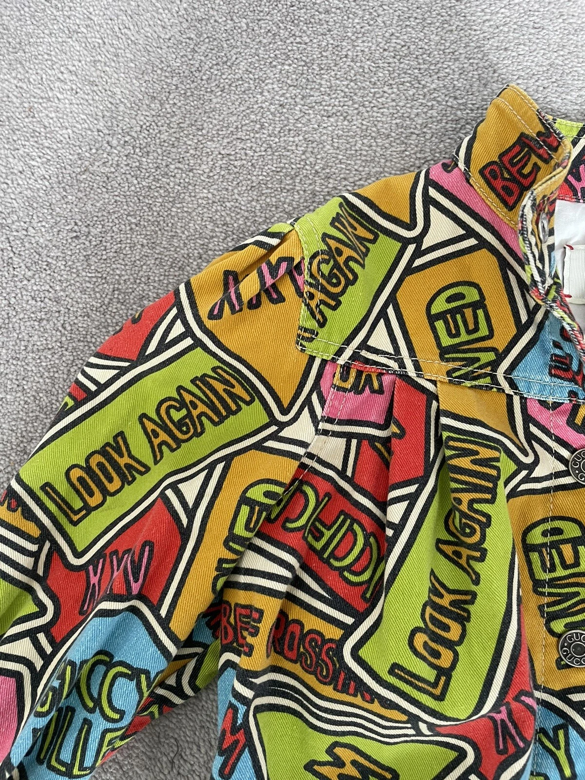 Autentica giacca denim fumetto GUCCI per bambine blu rosa verde colorato GG età 5