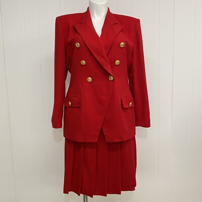 Vtg Christian Dior Skirt Suit Women's 16 Red Wool Gold Buttons Double Breasted