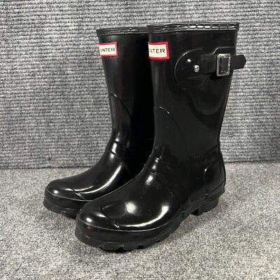 Hunter Boots Womens Size Black Short Glossy Pull On Buckle
