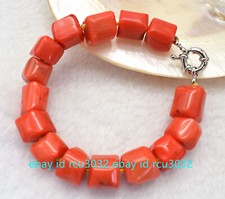 Huge 12-14mm Natural Orange Coral Cylinder Gemstone Beads Bracelet 7.5"