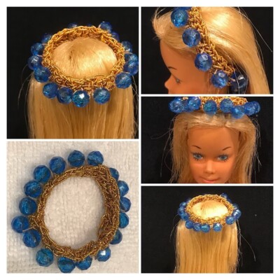 Vintage Barbie Clone Doll Blue Jeweled Gold Tiara Crown Headband Hair Accessory