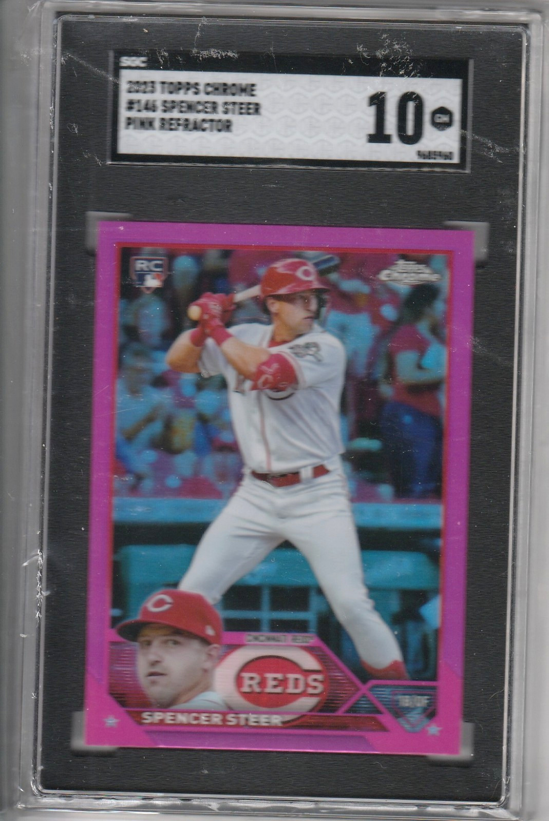 2023 TOPPS CHROME BASEBALL CARD SGC 10 PINK REFRACTOR SPENCER STEER REDS RC #146