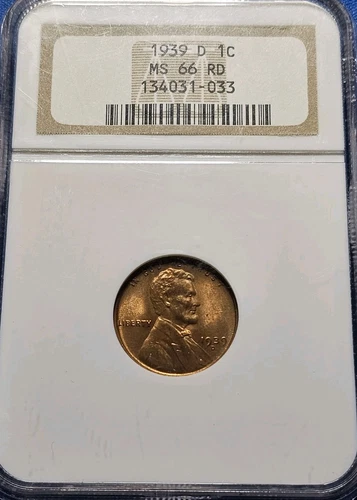 1939 D USA ONE CENT - BRONZE - LINCOLN WHEAT - NGC MS 66 RD - Denver Mint
