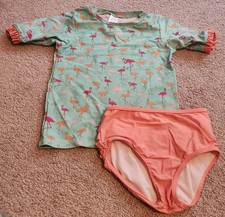 RUFFLE BUTTS GIRLS sz 6 3PC SWIMWEAR RASHGUARD FLAMINGOS NEW HEADBAND UPF 50 