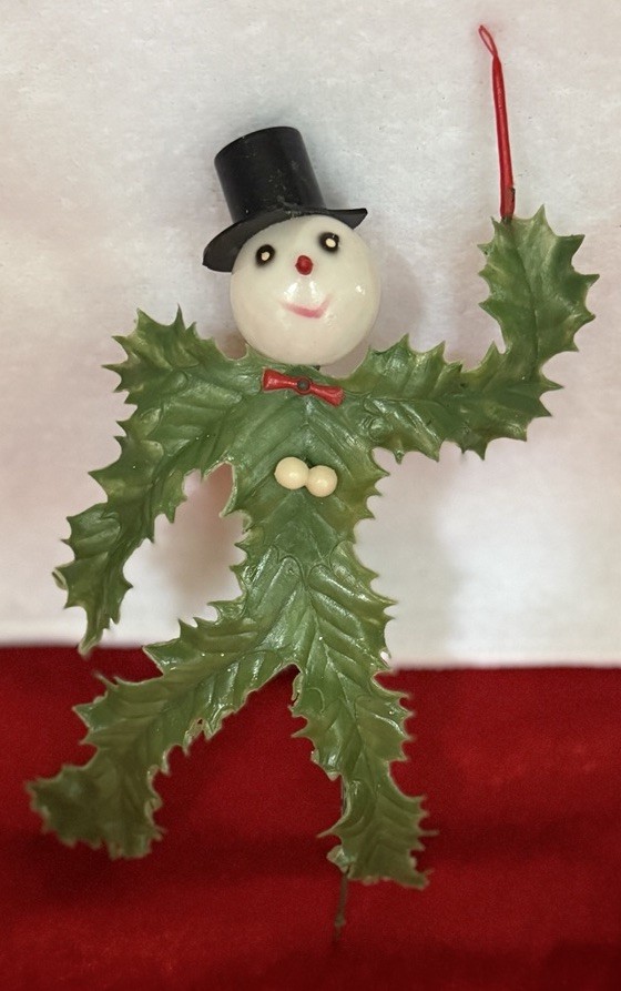 Vintage HTF Christmas Holly Leaf Snowman Floral Pick, Broken Hat
