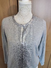 ​EAST Grey Cotton Cardigan Silk Sequin Bolero Shrug Luxury Evening Smart Casual 
