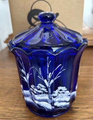 VTG Fenton Canaan Valley Cobalt Blue Glass Covered Jar Handpainted S. Stephen s