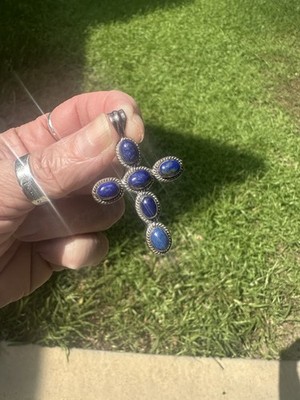 925 SS Lapis Lazuli Cross Pendant 6 Oval Cabochon Rope Bezel Southwestern Boho