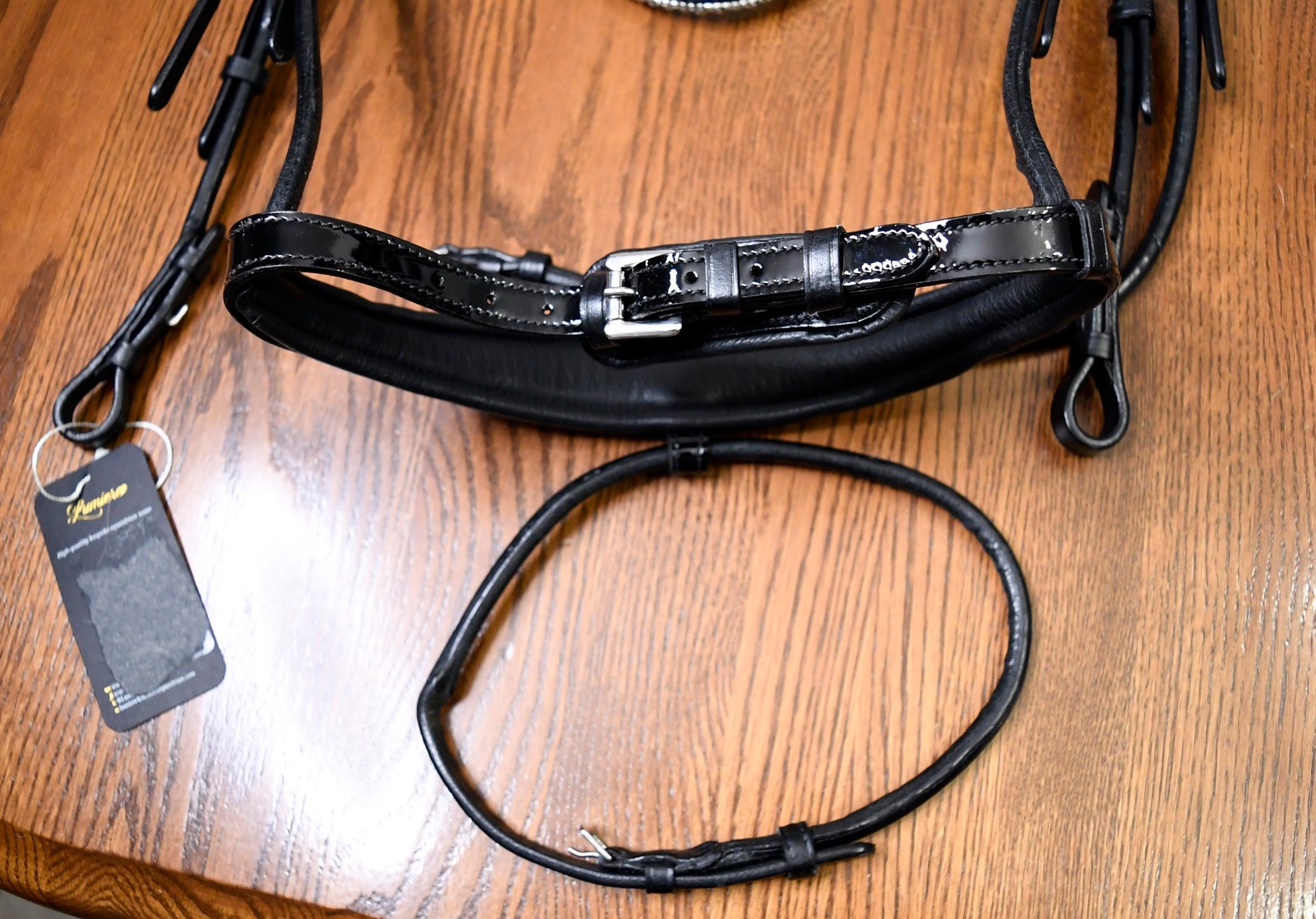 Lumiere, New, rolled patent monocrown bridle + reins, black, Horse full