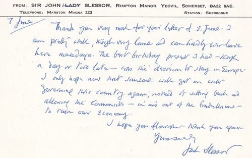 Letter Card Signed by MRAF Sir John Cotesworth Slessor, WW1 Veteran Pilot