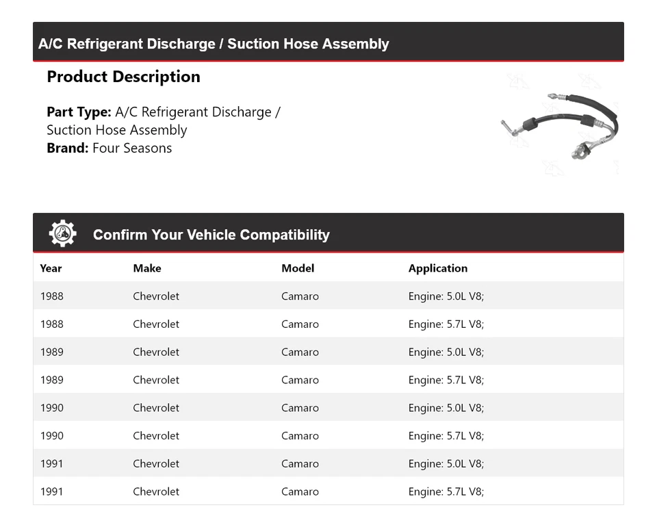 Conjunto de manguera de línea de succión de descarga para Chevrolet Camaro 1988-91 4 estaciones 19 Foto 2 de 4