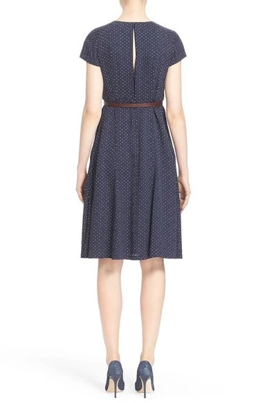 Nuevo Vestido Nordstrom Signature Estampado de Lunares Sarga de Seda con Cinturón - Azul Marino EE. UU. 0 #D394 Foto 2 de 4