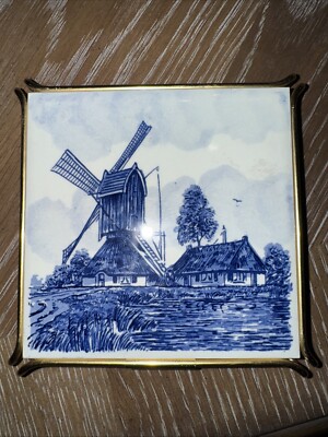 BLUE WHITE DELFT DUTCH TILE TRIVET FRAME WINDMILL HOUSE HAND PAINTED 4.5''
