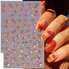 Fall Nail Stickers Metallic Maple Leaf Nail Decals 3D Self laser maple leaf