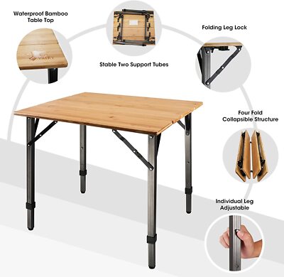 VILLEY Bamboo Folding Camping Table Heavy Duty Aluminum Adjustable Leg Carry Bag