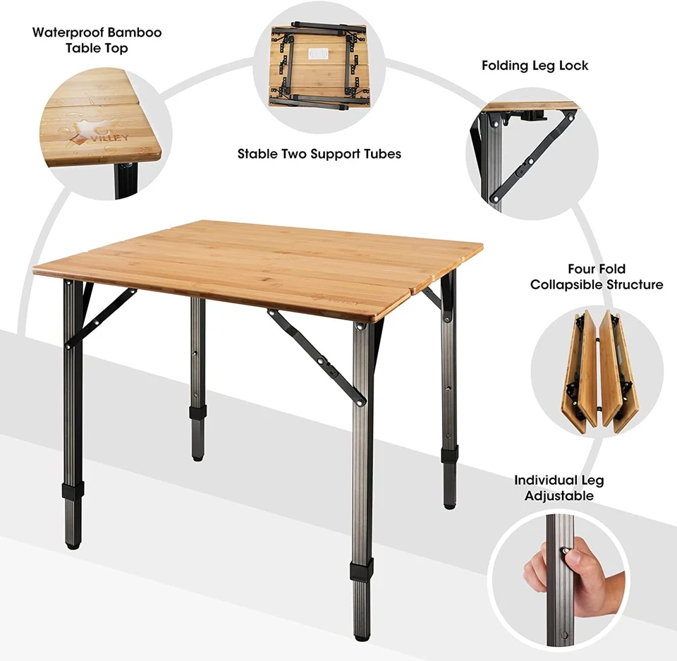 Portable Heavy Duty Adjustable Height Bamboo Folding Table Camping Table 176 lbs - Image 3 of 4