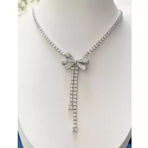 29Ct Lab-Created Round Diamond 14k White Gold Bowknot Tennis Necklace